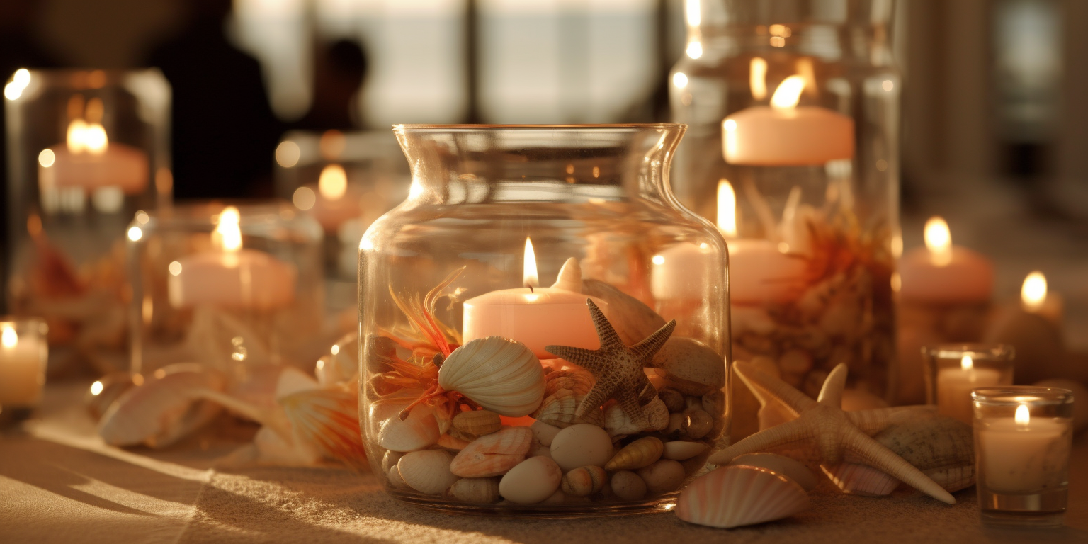 A beach-themed centerpiece featuring seashells, starfish, and a glass vase filled with sand and coastal elements.