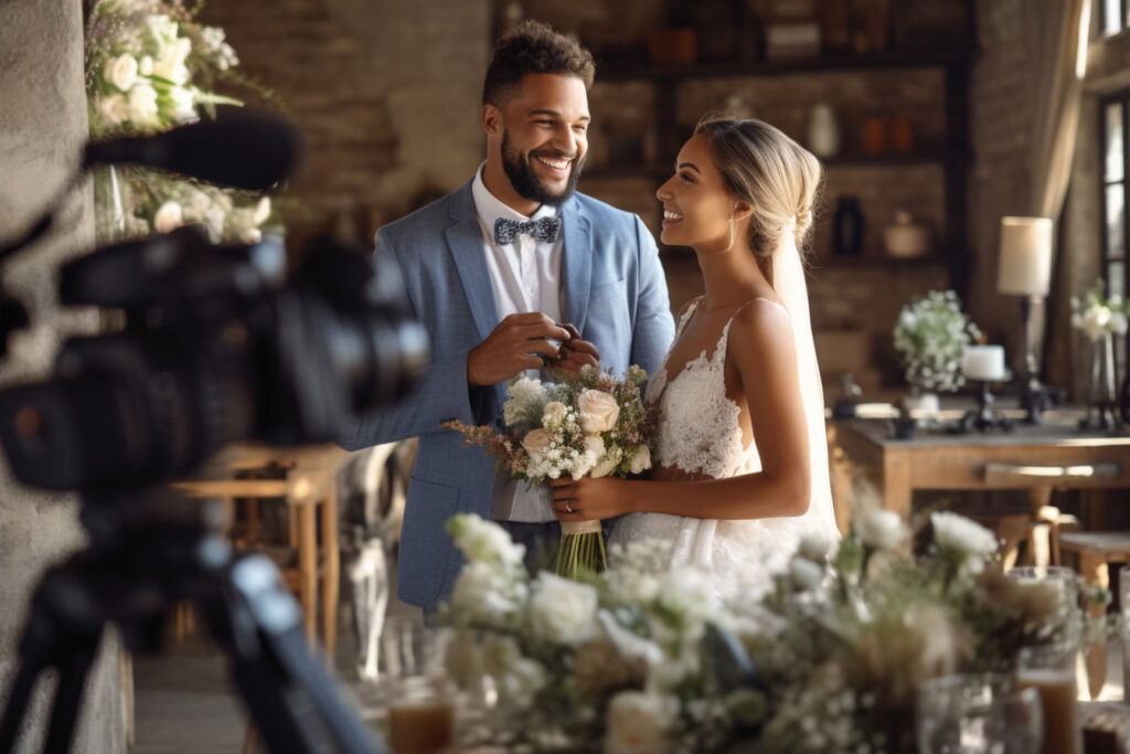 A photographer capturing the joyful moment of an African American groom and white bride during their wedding videography.