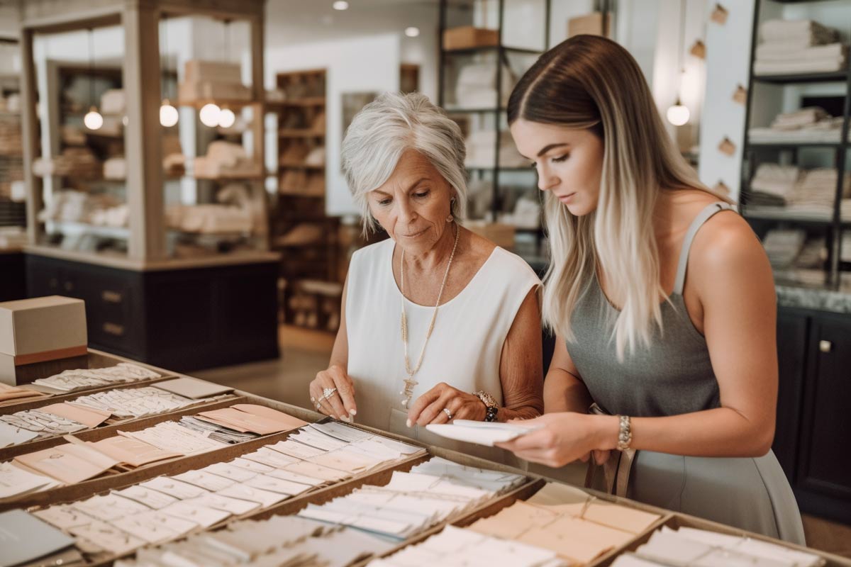 Mother and daughter happily planning wedding invitations together at stationary store