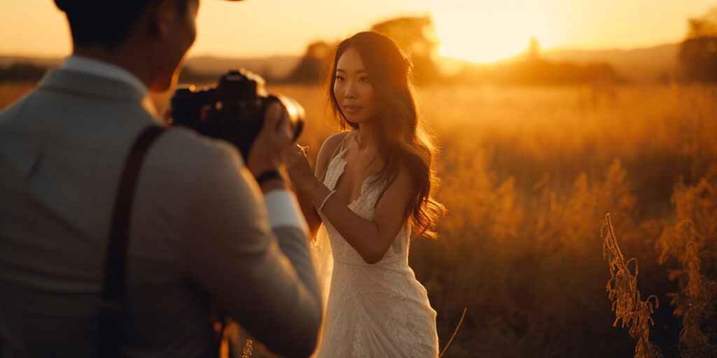 Professional wedding videographer filming a ceremony