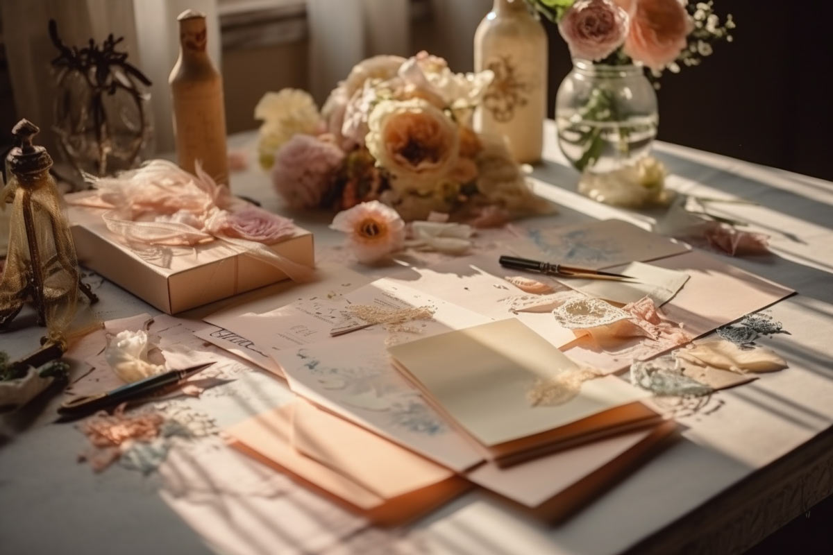 Sunlit table beautifully set with wedding invitation and stationary.