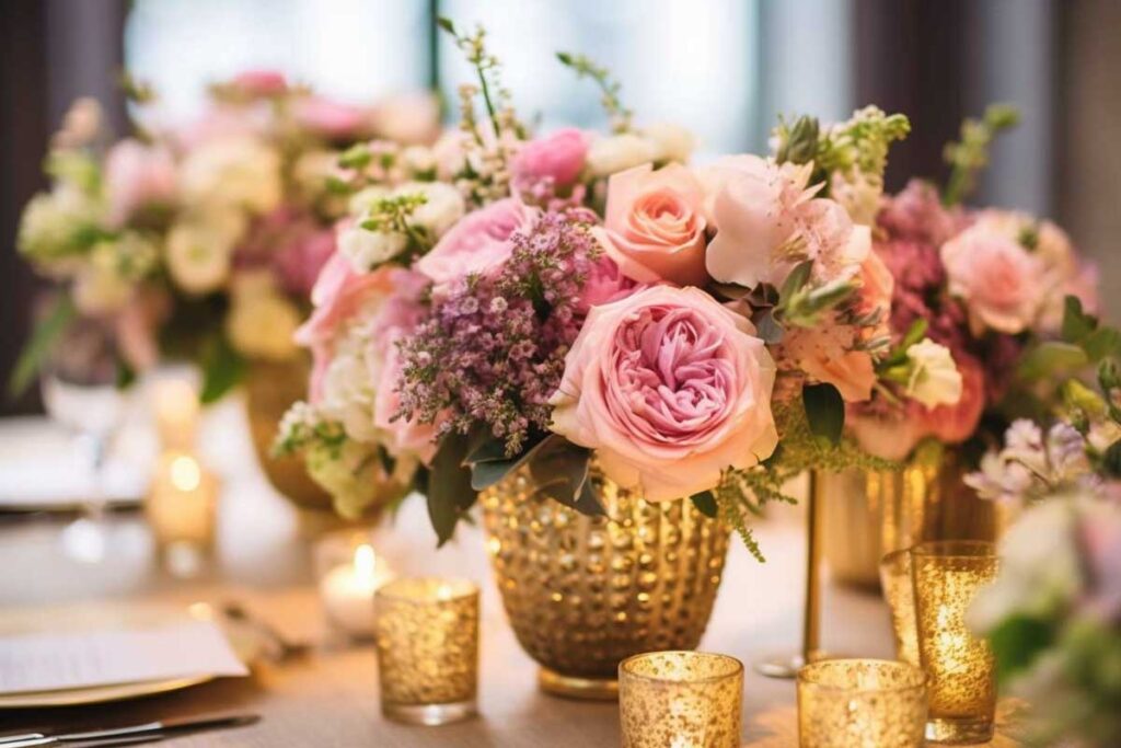 Beautiful wedding flower arrangements showcasing "Splurge vs. Steal" options for different budgets.