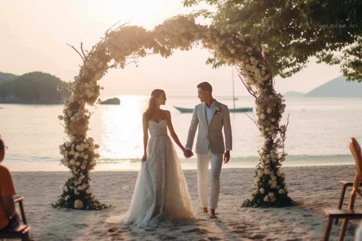 A bride and groom standing under an arch on the beach, symbolizing an affordable destination wedding for intimate gatherings.