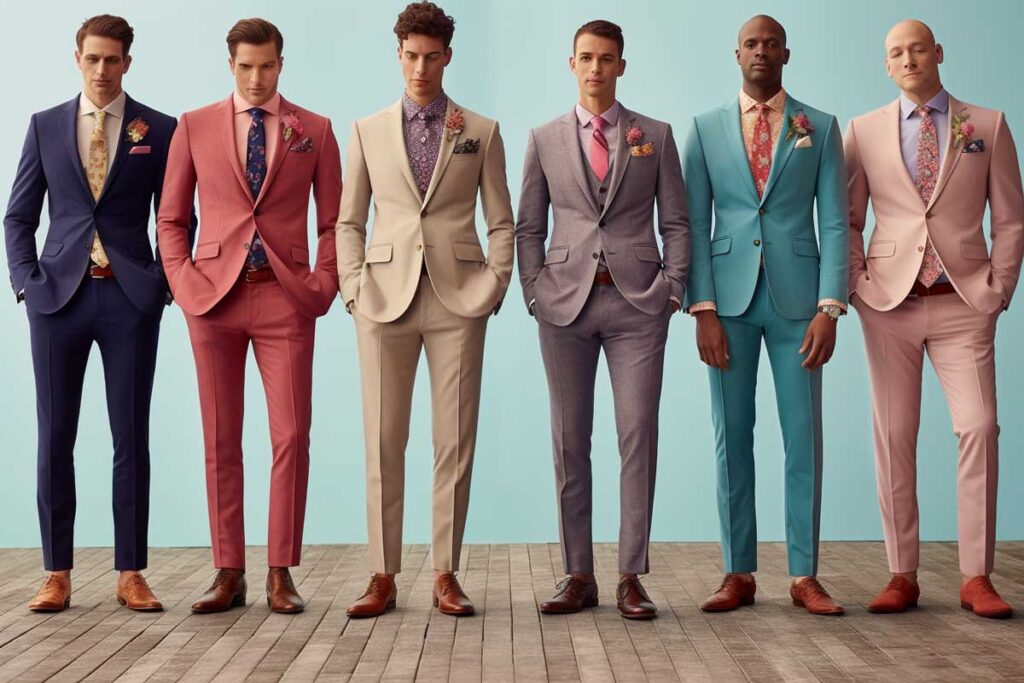 A group of men in suits showcasing options for wedding party attire, representing the concept of "Splurge vs. Steal" for suit options.