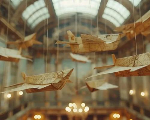 Vintage paper airplanes hanging in a historic library interior with softly glowing lights in the background.