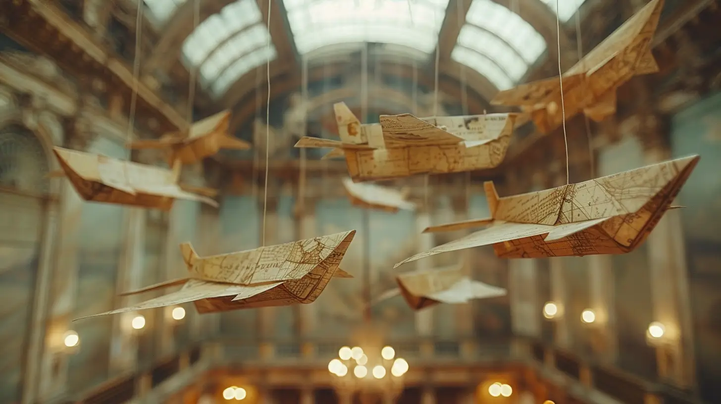 Vintage paper airplanes hanging in a historic library interior with softly glowing lights in the background.